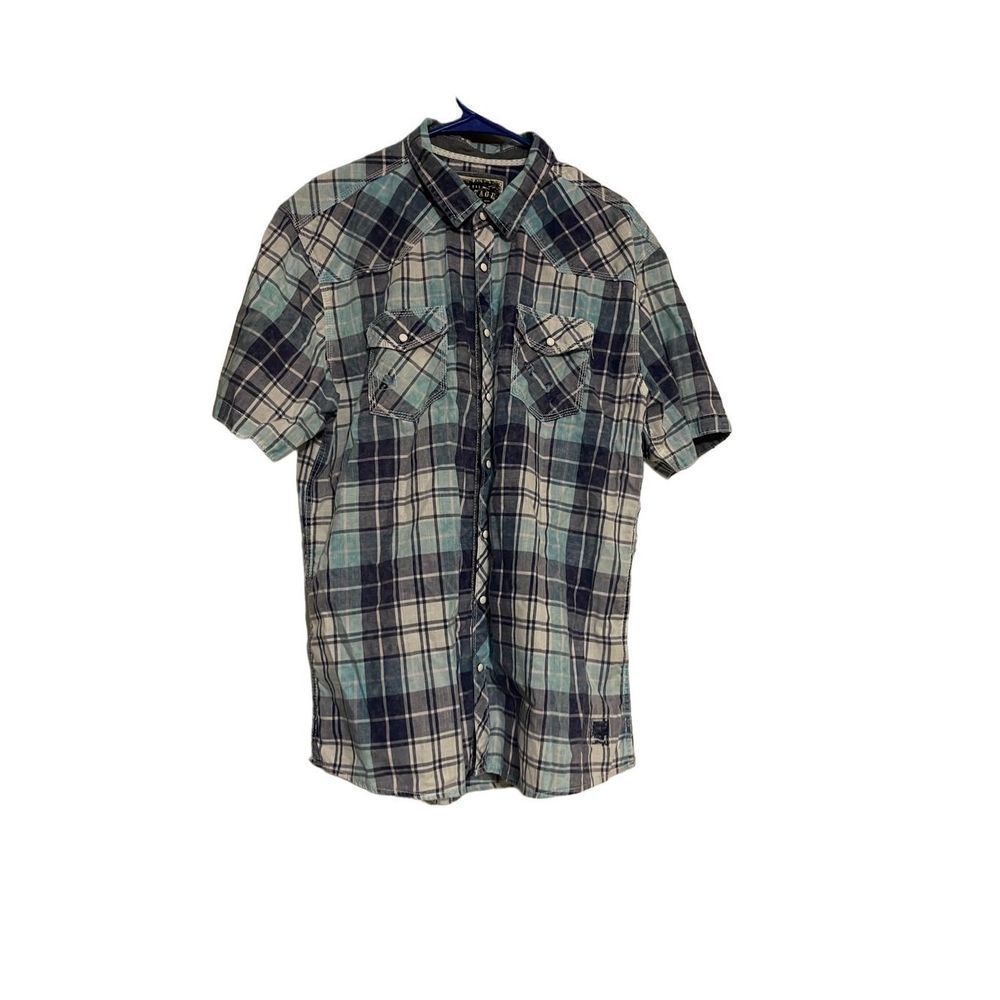 Buckle BKE XL athletic fit baby blue and black plaid button down shirt